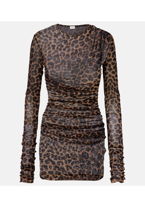 Saint Laurent Leopard-print ruched tulle minidress