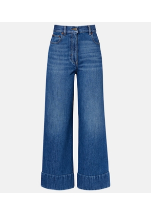 Valentino Leather-trimmed wide-leg jeans
