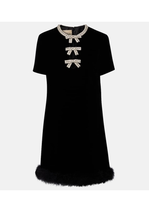 Valentino Embellished feather-trimmed velvet minidress