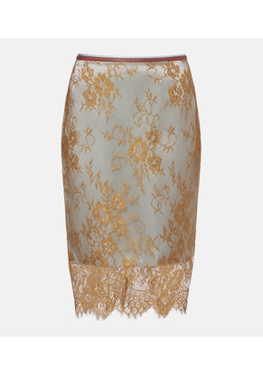 Jacques Wei Embroidered leather-trimmed lace midi skirt