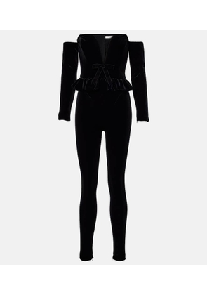 Alessandra Rich Bow-detail ruffled off-shoulder velvet jumpsuit