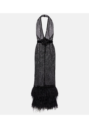 Dolce&Gabbana Feather-trimmed sequined sheer gown