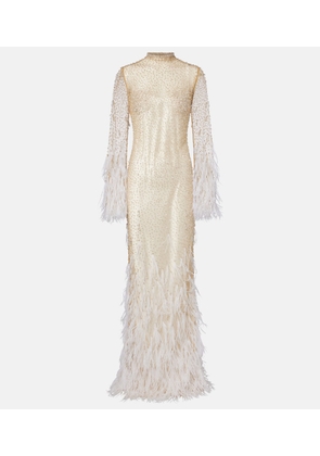 Clio Peppiatt Mia embellished feather-trimmed tulle gown