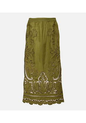 Farm Rio Floral lace-trimmed linen midi skirt