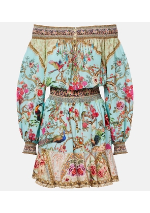 Camilla Embellished off-shoulder silk crepe minidress