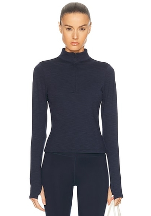 Splits59 Stevie Active Rib Half Zip Waist Length Top in Heather Indigo - Navy. Size L (also in M, S, XL, XS).