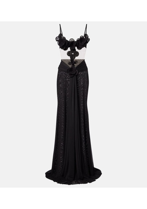 David Koma Floral-applique mesh gown