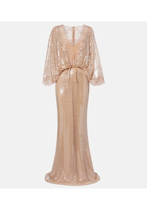 Elie Saab Lace-trimmed sequined mesh gown