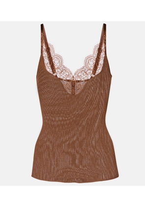 Saint Laurent Lace-trimmed ribbed-knit silk tank top