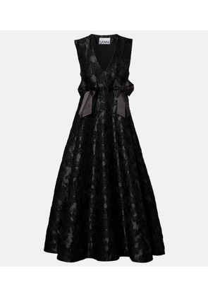 Ganni Bow-detail floral satin cloque midi dress