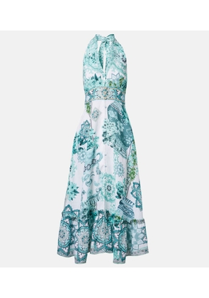 Camilla Embellished ruffled halterneck linen midi dress