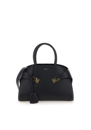 Ferragamo Hug Black Handbag With Logo And Gancini Buckle In Leather