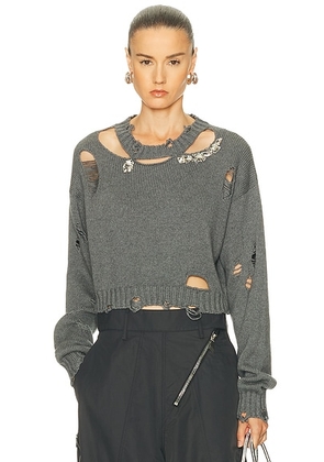 AREA Distressed Crystal Crewneck Sweater in Heathered Grey - Grey. Size M (also in ).