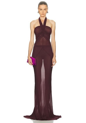 Atlein Halter Neck Ruched Gown in Burgundy - Burgundy. Size 34 (also in 36, 38).