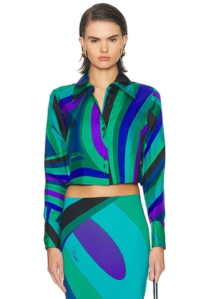 Emilio Pucci Cropped Long Sleeve Top in Smeraldo - Teal,Purple. Size 38 (also in ).