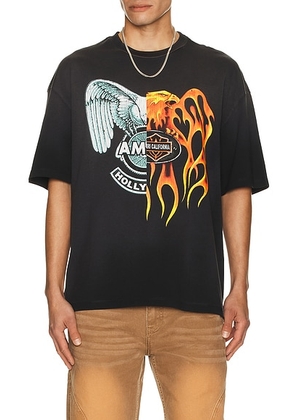 Amiri Spliced Logo Tee in Black - Charcoal. Size L (also in M, S, XL/1X, XXL/2X).