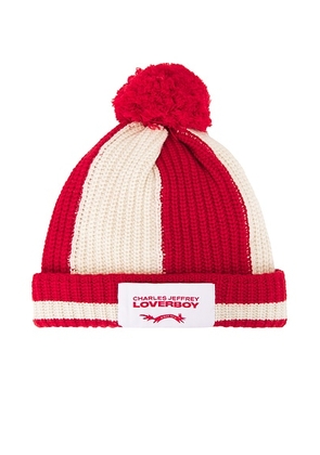 Charles Jeffrey LOVERBOY Pompom Beanie in Red & Ecru - Red. Size all.
