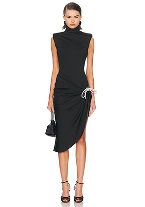 AREA Crystal Knot Draped Midi Dress in Black - Black. Size L (also in ).