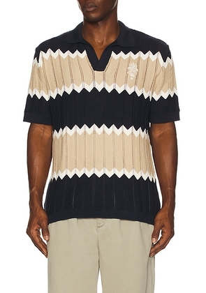 Agua Bendita Aron Polo Shirt in Tan & Black - Stripes. Size L (also in M, S).