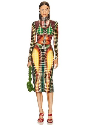 Jean Paul Gaultier Center Front Zip Long Sleeve Dress in Orange  Blue  & Brown - Burnt Orange. Size L (also in M, S, XL, XS, XXL, XXS).