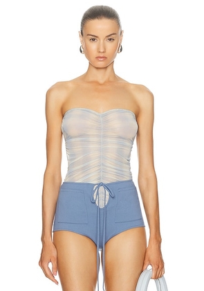 Jade Cropper Ruched Bandeau Top in Tinted Check Blue & Beige - Blue. Size 38/M (also in 40/L).