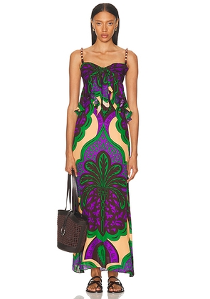 Johanna Ortiz Quisiera Ser Maxi Dress in Palma Sevillana  Emerald  Purple  & Salmon - Purple. Size 0 (also in 4, 6).