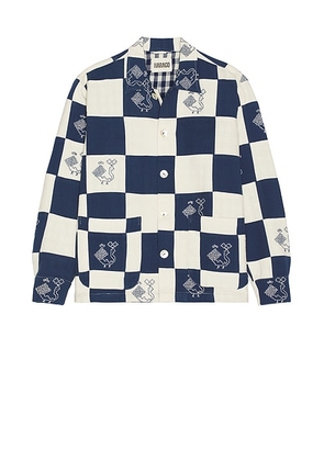 HARAGO Patchwork Embroidered Shirt in Off White & Blue - White. Size L (also in S, XL/1X).