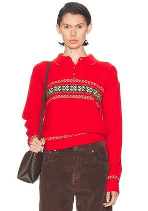 Guest In Residence Cable Collegiate Polo Sweater in Chili Combo - Red. Size L (also in M, S, XS).