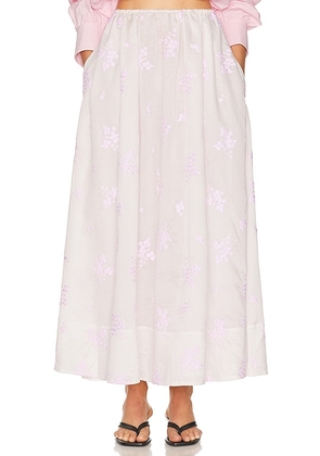 Helsa Midday Skirt in Cherry Blossom Embroidery in White & Pink Embroidery - White. Size L (also in M, S, XL, XS).