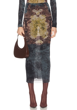 Jean Paul Gaultier Medaillon Printed Long Skirt in Black  Vintage Blue  & Green - Slate. Size L (also in M, S, XS).