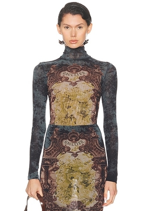 Jean Paul Gaultier Medaillon Printed Open Back Bodysuit in Black  Vintage Blue  & Green - Charcoal. Size L (also in M, S).