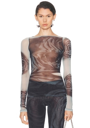 Jean Paul Gaultier Boat Neck Blurry Roses Printed Long Sleeve Top in White  Grey  & Black - Grey. Size L (also in S, XS).