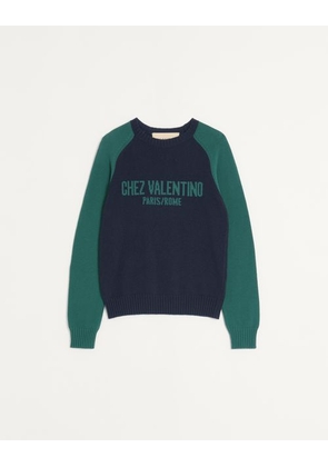 Valentino Wool And Cotton Jumper With Chez Valentino Jacquard Pattern Man BLUE/GREEN 3XL