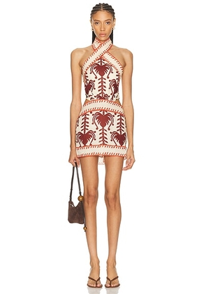 Johanna Ortiz Tide Strength Mini Dress in Ecru & Marsala - Cream,Burgundy. Size 4 (also in 6, 8).