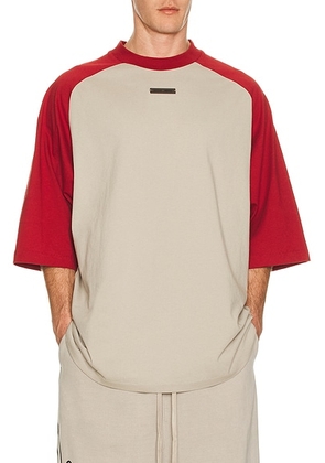 Fear of God ESSENTIALS Baseball Tee in Smoke Grey & Crimson - Grey,Red. Size L (also in M, S, XL/1X, XS, XXL/2X).