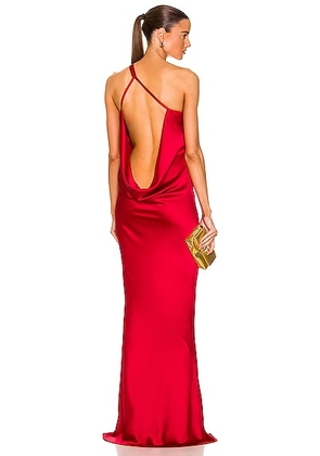 Norma Kamali One Shoulder Bias Gown in Tiger Red - Red. Size M (also in L, XL).