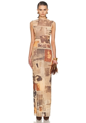 Jean Paul Gaultier Mesh High Neck Printed Journal Long Dress in Ecru  Light Grey  & Red - Neutral,Rust. Size M (also in XL).