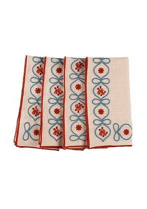 Misette Embroidered Linen Napkins Set Of 4 in Floral Red & Green - Beige. Size all.