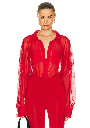 Norma Kamali Super Oversized Boyfriend Shirt Bodysuit in Tiger Red - Red. Size S (also in XS).