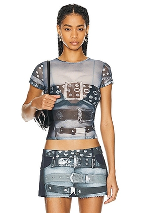 Miaou Mini Tee in Belt Print - Black. Size L (also in M, S, XL, XS, XXS).