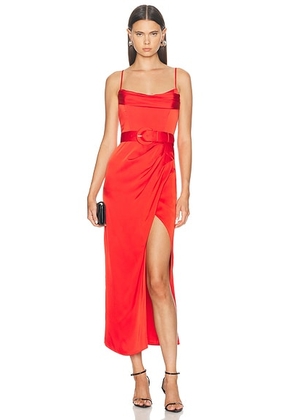 NICHOLAS Lulu Draped Corset Midi Dress in Poppy - Red. Size 2 (also in 0, 8).