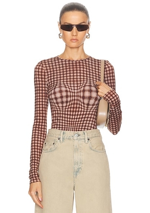 Miaou Long Sleeve Tee in Warped Plaid - Brown. Size L (also in S, XL, XS, XXS).