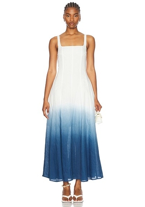 NICHOLAS Athena Sleeveless Panelled Midi Dress With Godets in Dip Dye - White,Blue. Size 2 (also in 6).