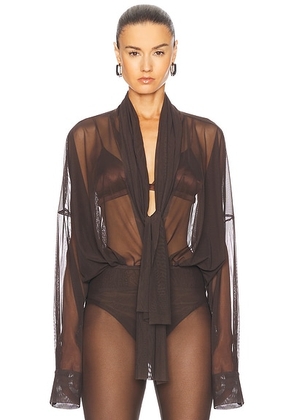 Norma Kamali Super Oversized Boyfriend Shirt Bow Bodysuit in Espresso - Chocolate. Size L (also in M, S, XL, XS).