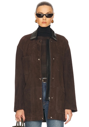 NOUR HAMMOUR Barn Modern Suede Jacket in Mocha Suede & Black - Brown. Size 38 (also in ).
