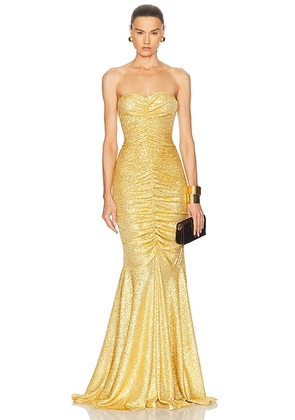 Norma Kamali Strapless Shirred Front Fishtail Gown in Asparagus - Metallic Gold. Size M (also in XS).