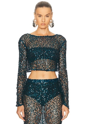 Lapointe Net Paillette Cropped Boatneck Top in Oz - Teal. Size XS (also in ).