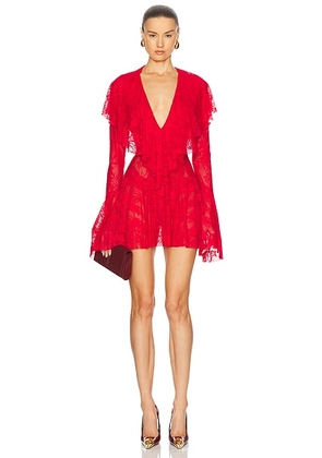 Norma Kamali Long Sleeve Deep V Ruffle Mini Dress in Tiger Red - Red. Size M (also in S, XS).