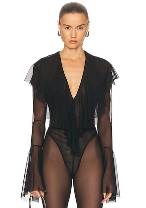 Norma Kamali Long Sleeve Deep V Ruffle Bodysuit in Black - Black. Size L (also in XL).