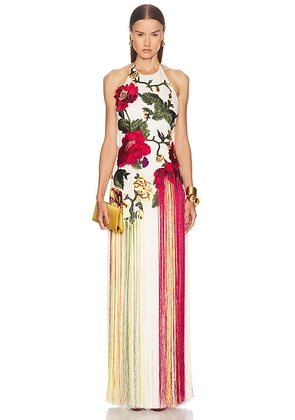 Oscar de la Renta Halter Neck Embroidered Gown in Ecru & Multi - Ivory. Size 0 (also in ).